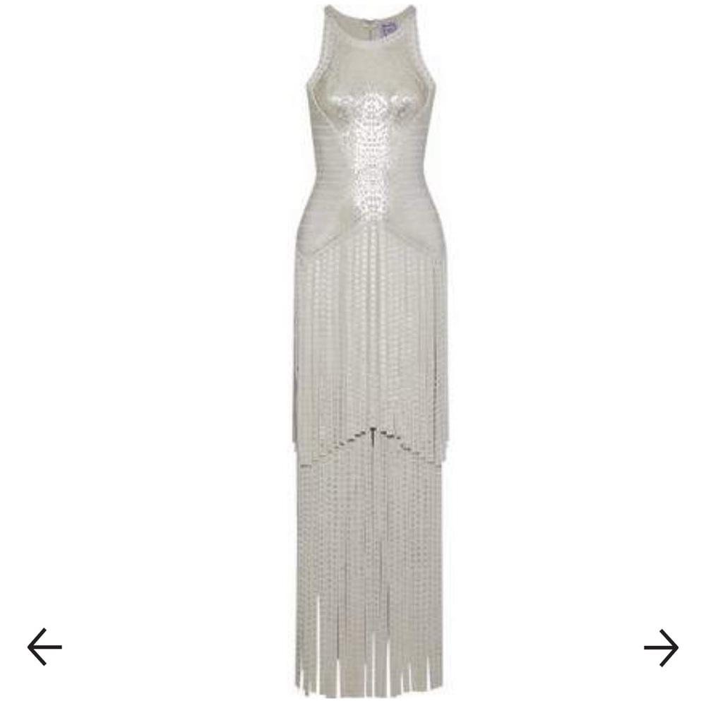 HERVE LEGER Fringed metallic printed bandage gown
